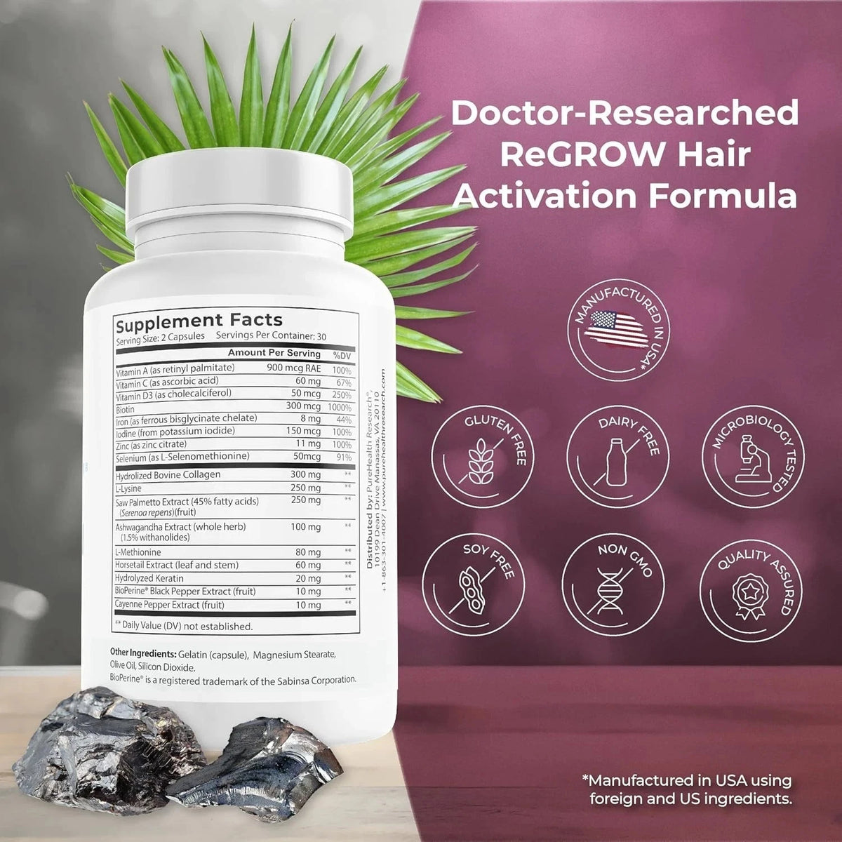 PUREHEALTH Research ReGROW Hair Activation Formula – 60 Capsules Dietary Supplement
